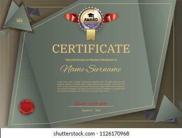 Official vector certificate with dark green, brown triangle design elements. Gold blue emblem with red ribbon, gold text
