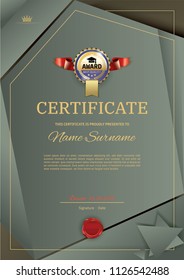 Official vector certificate with dark green, brown triangle design elements. Gold blue emblem with red ribbon, gold text