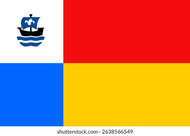 Official vector flag of Almere, Netherlands. Red field with a white 'kogge' ship on blue waves. Ideal for Flevoland travel, design, or polder heritage
