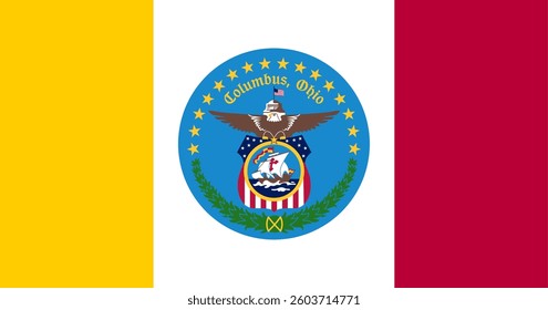 Official vector flag of Columbus, Ohio, USA. High-quality digital design featuring the city emblem in blue, red, white, and yellow. Ideal for graphics, presentations, and civic projects