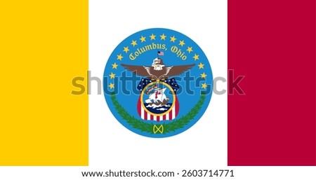 Official vector flag of Columbus, Ohio, USA. High-quality digital design featuring the city emblem in blue, red, white, and yellow. Ideal for graphics, presentations, and civic projects