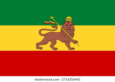 Bandera oficial de Vector del Imperio de Etiopía con el León de Judá. Histórico Anuncio imperial abisinio con rayas verdes, amarillas y rojas. Símbolo de la dinastía salomónica y la herencia africana