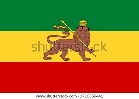 Official vector flag of the Empire of Ethiopia featuring the Lion of Judah. Historical Abyssinian imperial banner with green, yellow, and red stripes. Symbol of Solomonic dynasty and African heritage