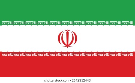 Official vector flag of Iran with horizontal stripes, featuring the national emblem in the center and repeated Kufic script along the borders.