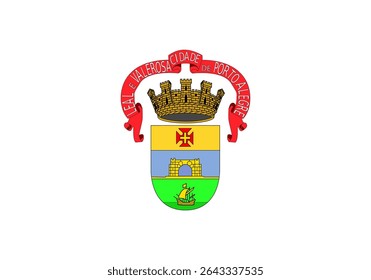 Bandeira oficial vetorial de Porto Alegre, capital do Rio Grande do Sul, Brasil. Uma bandeira do brasão de armas da cidade com um portão, cruz e naves de caravela