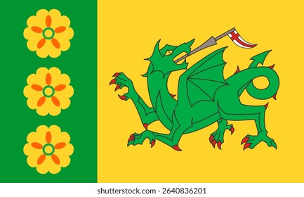 Official vector flag of the village of Evenley, England. Features a green dragon on a yellow background, representing the local village green and wildlife