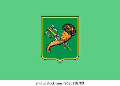 Ilustração vetorial oficial da bandeira da cidade de Kharkiv, Ucrânia. Apresenta o brasão municipal de armas e elementos heráldicos. Ideal para projetos cívicos, culturais e geográficos