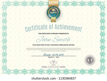 Official white certificate of a4 format with green border, gold emblem, Official simple blank.