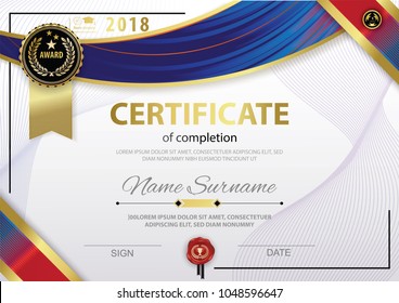 Official white certificate of appreciation award template with red gold shapes and black badge