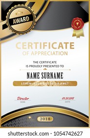 Official white certificate of appreciation with black gold design elements. Vector template