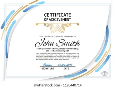 Official white certificate with blue design elements. Business clean modern design
