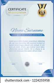 Official white certificate with blue gradient design elements. Business clean modern design. Gold emblem