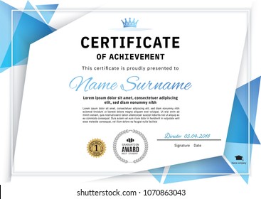 Official white certificate with blue triangle design elements, crown. Business clean modern design