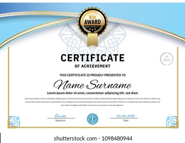 Official white certificate with blue triangle design elements. Business clean modern design