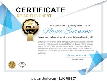 Official white certificate with blue triangle design elements. Business clean modern design. White vector blank