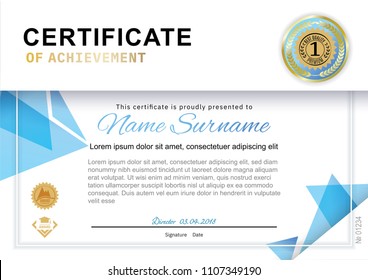 Official white certificate with blue triangle design elements, crown. Business clean modern design