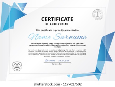 Official white certificate with blue triangle design elements. Business clean modern design