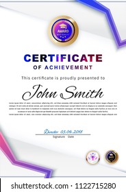 Official white certificate with blue triangles and education design elements, graduation. Clean modern design.. Abstract background