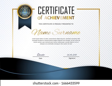 Official white certificate with blue wave design elements. Business modern design. Gold emblem