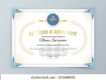 Official white certificate with bluetriangle design elements. Business clean modern design
