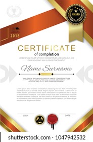 Official white certificate of completion with red gold design elements and black badge