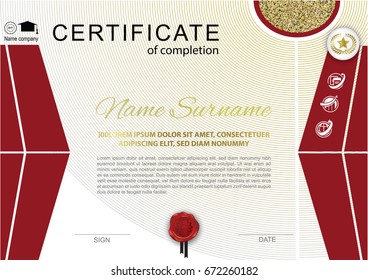 Official white certificate with dark red and gold design elements and icons. Glittering gold semicircle