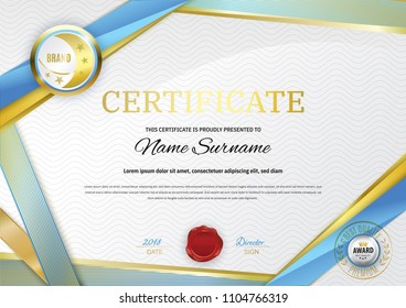 Official white certificate with gold blue ribbons. Business clean modern design