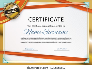 Official white certificate with gold border and red ribbons. turquoise corners. For business or education. Gold emblem