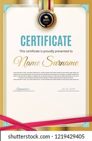 Official white certificate with gold border and red ribbons. turquoise corners. For business or education. Gold emblem