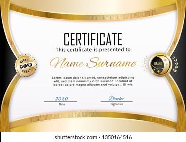 Official white certificate with gold line arc. Business clean modern design. Gold emblem