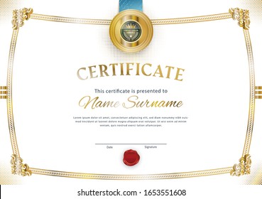 Official white certificate with gold vintage modern border and emblem. Business modern design. Gold emblem