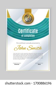 Official white certificate with green arc design element. Modern blank with gold emblem. Vector illustration.