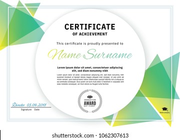 Official white certificate with green triangle design elements. Business clean modern design