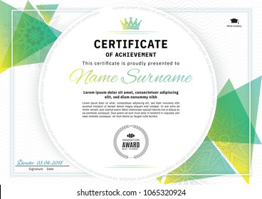 Official white certificate with green triangle design elements. Business clean modern design