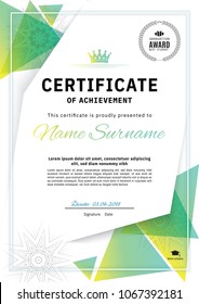 Official white certificate with green triangle design elements. Business clean modern design