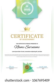 Official white certificate with green triangle design elements. Business clean modern design
