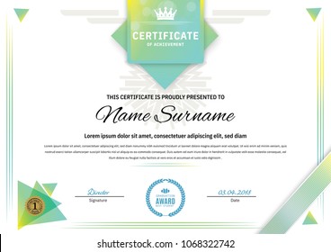 Official white certificate with green triangle design elements, crown. Business clean modern design