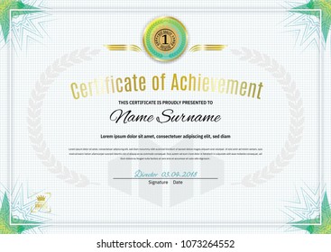 Official white certificate with green triangle design elements. Business clean modern design