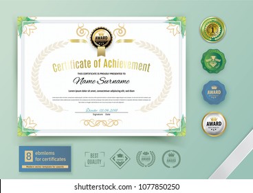 Official white certificate with green triangle design elements. Business clean modern design. Set of emblems