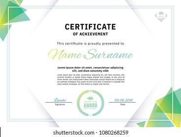 Official white certificate with green triangle design elements. Business clean modern design