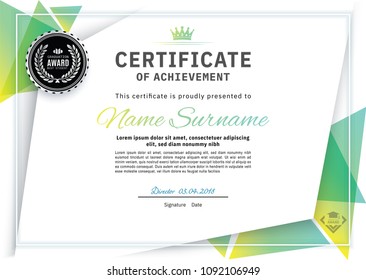 Official white certificate with green triangle design elements. Business clean modern design