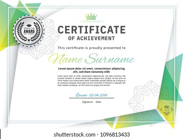 Official white certificate with green triangle design elements. Business clean modern design