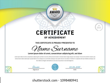 Official white certificate with green triangle design elements. Business clean modern design
