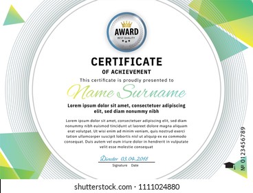 Official white certificate with green triangle design elements. Business clean modern design. Circle background