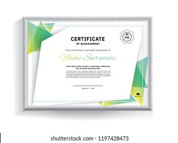 Official white certificate with green triangle design elements with realistic grey border. Business clean modern design