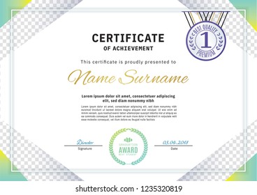 Official white certificate with green triangle design elements. Business clean modern design