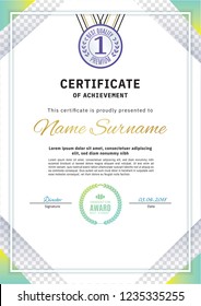 Official white certificate with green triangle design elements. Business clean modern design