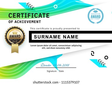 Official white certificate with green wave design elements. Business clean modern design