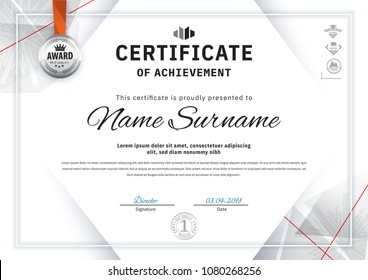 Official white certificate with grey triangle design elements. Business clean modern design