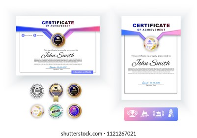 Official white certificate with pink blue design elements and education icons, graduatioin cap, cup. Clean modern design.. Afstract background